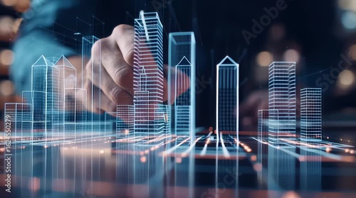 An architect brings architectural designs to life with 3D holographic construction models. The concept of innovation in architecture and futuristic design. Generative Ai.