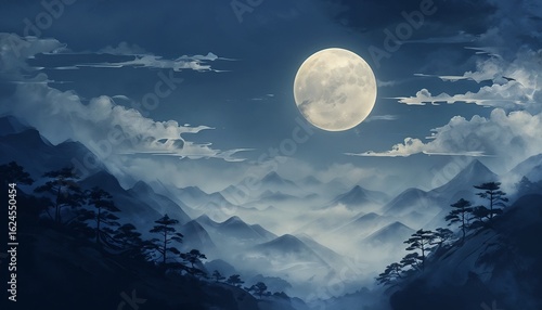 Serene Nighttime Landscape With Full Moon And Evergreen Trees