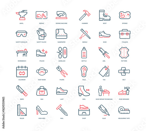 collection shoe cobbler icons tools materials processes shoe repair