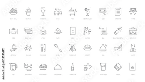 set line icons restaurant-related elements food drinks staff payment methods, plate tie apron bow