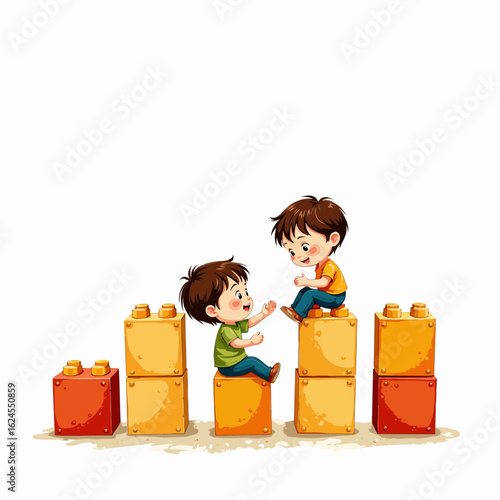 Two young boys playing and climbing on colorful building blocks  