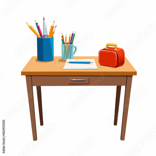 Desk with colorful stationery and lunchbox on white background  
