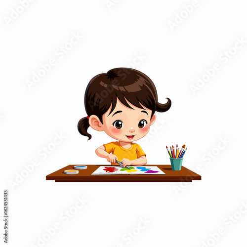 Young girl painting at a table with colorful art supplies  