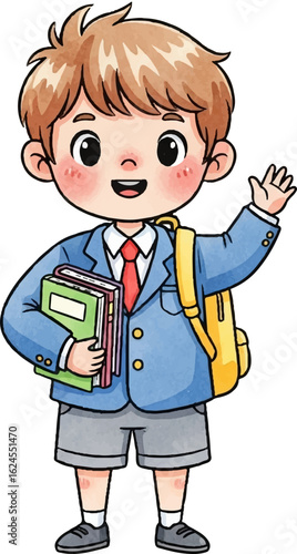 Cute Schoolboy with Backpack and Book