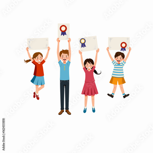 Group of children celebrating with certificates and ribbons  