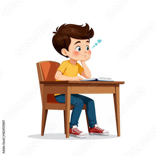 Young boy daydreaming while sitting at a desk and reading book  