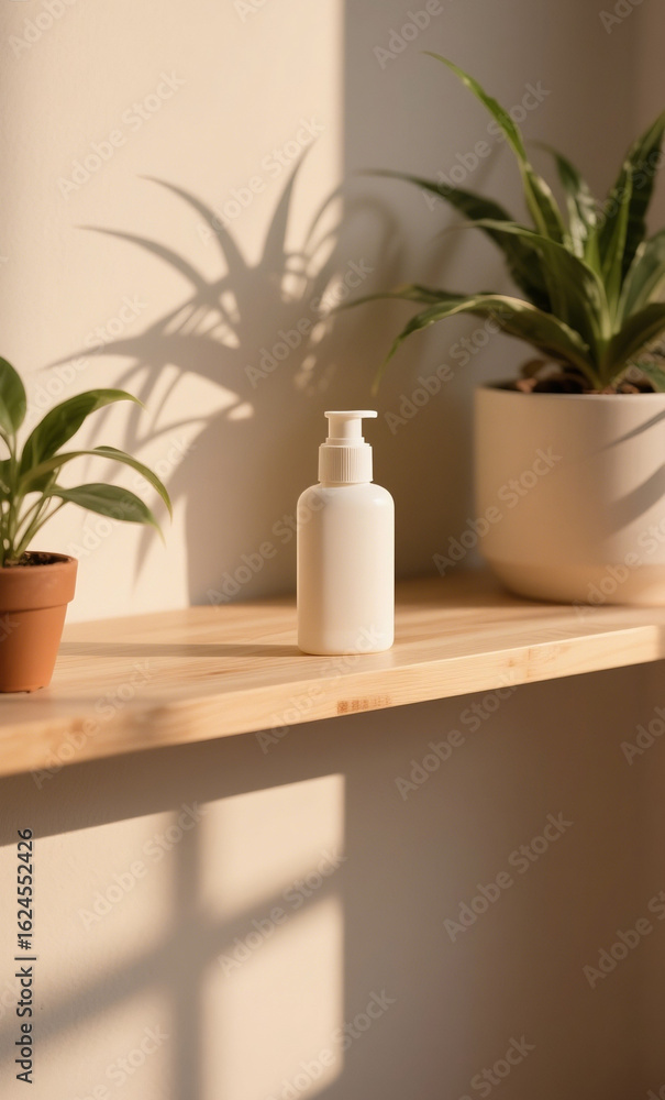 Fototapeta premium Minimalist white pump bottle on a wooden shelf with houseplants and warm, natural sunlight casting shadows. A serene concept for beauty and skincare.