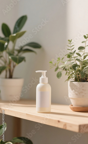 Wallpaper Mural Minimalist white dispenser bottle with a blank label for a cosmetic mockup. Natural beauty product on a wooden shelf with plants. Torontodigital.ca
