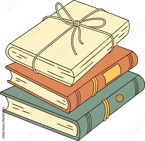 Stack of three vintage books tied together with a string isolated on transparent background