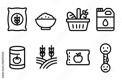 Food Security Icons. Outline icon set of food security: grain sack, rice bowl, food basket, water container,