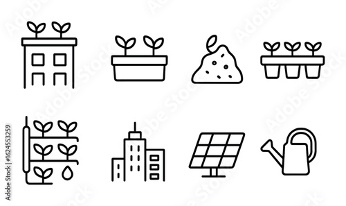 Urban Farming Icons. Outline icon set of urban farming: rooftop garden, planter box, compost pile, seedling