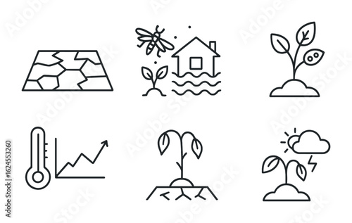 Climate Impact Icons. Outline icon set of climate impact on food: dry field, locust swarm, flood damage, crop