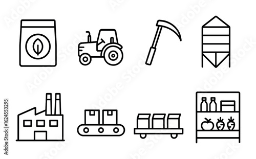 Food Production Icons. Outline icon set of food production chain: seed packet, tractor, harvesting tool, silo,