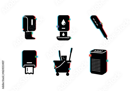 six different glitch effect illustration isolated on white backgorund hand sanitizer dispenser antimicrobial soap station UV surface sterilizer waste bin liner dispenser mop bucket wringer