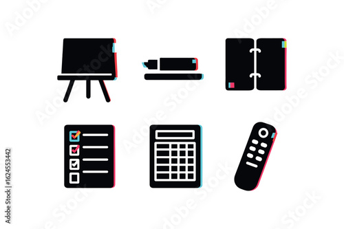 six different glitch effect illustration isolated on white backgorund teacher chalkboard easel teacher whiteboard marker tray teacher lesson plan binder teacher grading rubric sheet teacher