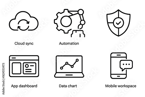Digital Strategy Icons. Outline icon set of digital transformation strategy: cloud sync, automation gear,