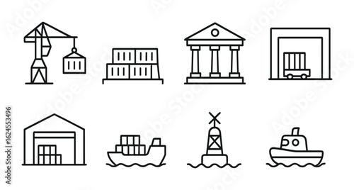 Port City Icons. Outline icon set of port city elements: cargo crane, container dock, customs house, loading