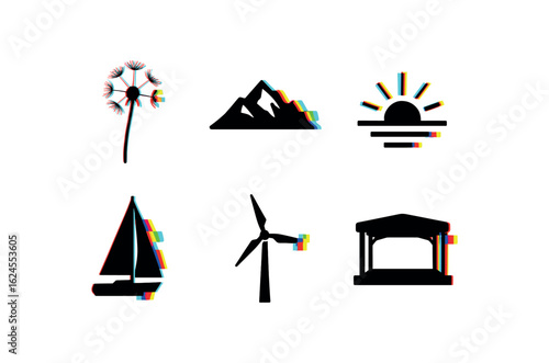 six different glitch effect illustration isolated on white backgorund freedom dandelion seed head freedom mountain vista photo freedom sunrise horizon freedom sailing mast rig freedom wind