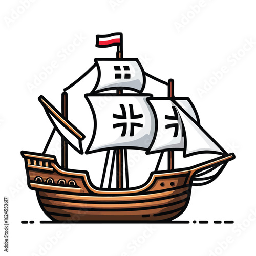 Colorful cartoon caravel ship with flags sailing exploration