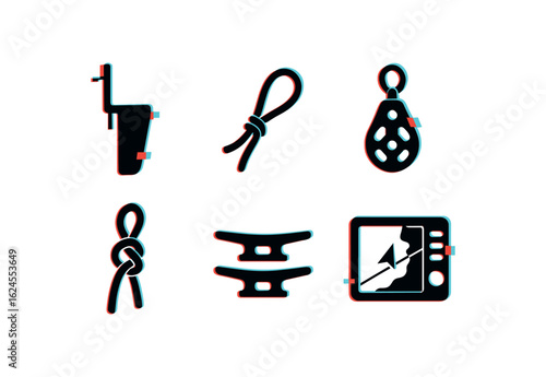 six different glitch effect illustration isolated on white backgorund sailing rudder assembly sailing jib sheet rope sailing tacking pulley sailing knot line guide sailing deck cleats
