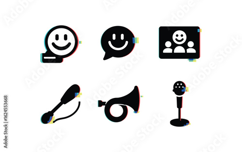 six different glitch effect illustration isolated on white backgorund laughter giggle button switch laughter bubble speaker horn laughter therapy group session card laughter diaphragm