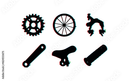 six different glitch effect illustration isolated on white backgorund bicycle chain sprocket gear bicycle wheel rim ring bicycle brake caliper unit bicycle pedal crank bicycle saddle clamp