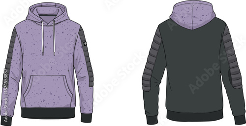 Technical flat sketch of a men's color-block quarter-zip sweatshirt in lime green and white, featuring raglan sleeves and ribbed cuffs and hem, for stylish sportswear.