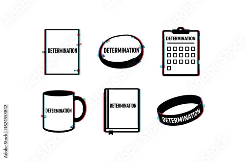 six different glitch effect illustration isolated on white backgorund determination poster print determination mantra stone determination goal tracker determination motivational mug