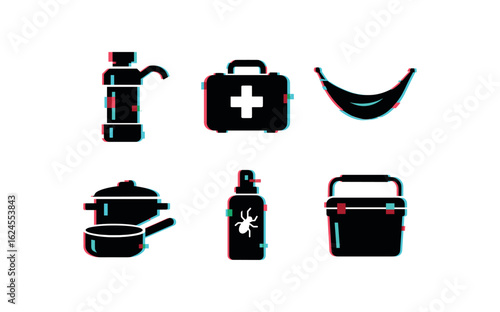 six different glitch effect illustration isolated on white backgorund camping water filter camping first aid kit camping hammock camping cookware set camping insect repellent camping cooler