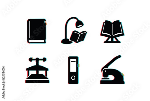 six different glitch effect illustration isolated on white backgorund book cover protector book reading lamp book stand book press book spine label book embosser