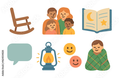 Cozy Storytime Icons. Flat vector mini-illustrations family storytelling moments in colors children's