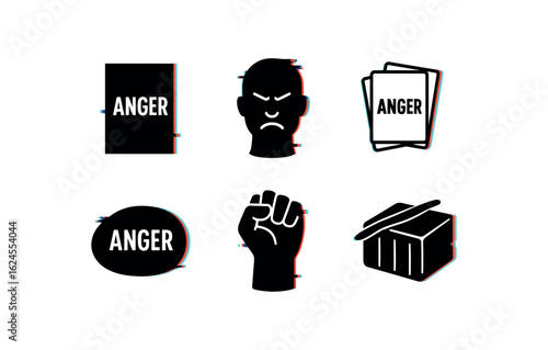 six different glitch effect illustration isolated on white backgorund anger affirmation poster anger phrase flashcards anger expression journal anger grounding stone anger tension relief