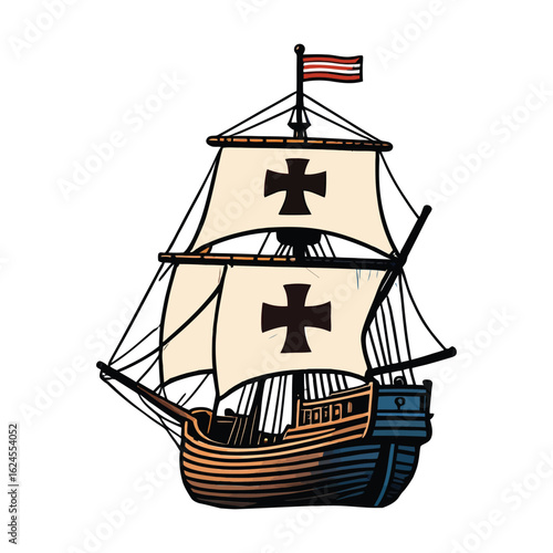Vintage Sailing Ship with Crosses on Sails caravel