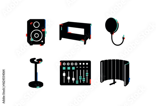 six different glitch effect illustration isolated on white backgorund studio monitor speaker studio desk rack studio pop filter studio headphone stand studio mixing console studio isolation