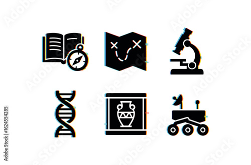 six different glitch effect illustration isolated on white backgorund discovery journal log discovery expedition map discovery microscope kit discovery DNA sequencer discovery artifact box