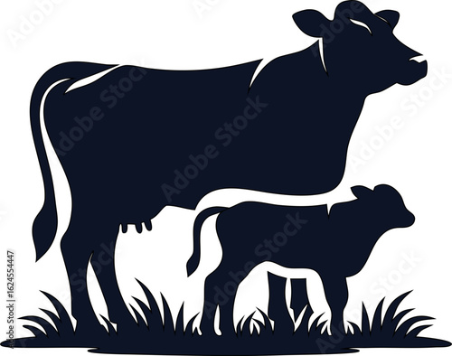 Flat silhouette of cow and calf pair on white background. Ideal for farm logos, rural scenes, agriculture ads, and livestock designs.

