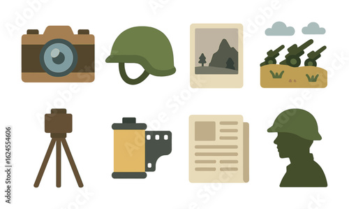 Vintage War Iconography. Flat vector mini-illustrations historical photography of major global conflicts in