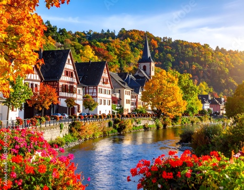 Autumn town by river, colorful fall foliage