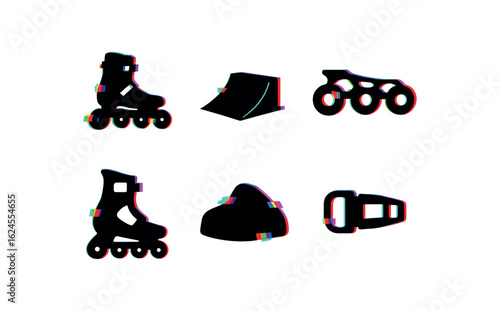 six different glitch effect illustration isolated on white backgorund rollerblades ramp module rollerblades frame slider rollerblades speed skate wheels rollerblades cuff support