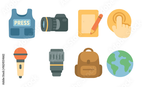 Photojournalist Icons Grid. Flat vector mini-illustrations Photographers in global conflict zones in colors