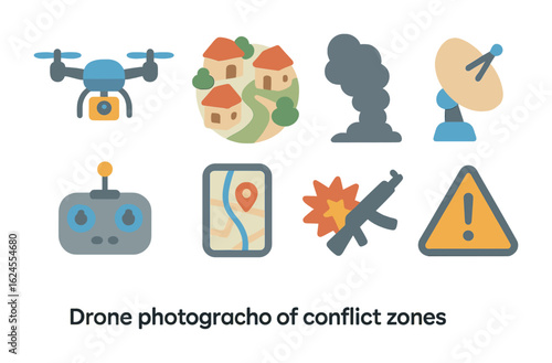 Drone Conflict Icons. Flat vector mini-illustrations Drone photography of conflict zones in colors children's