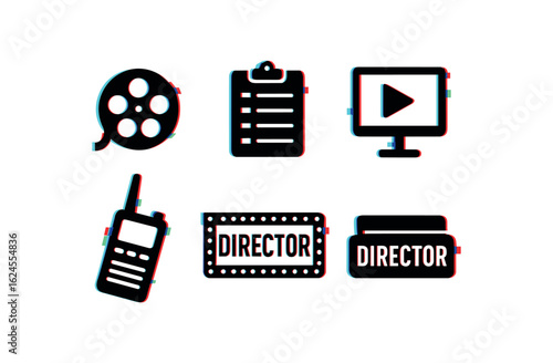 six different glitch effect illustration isolated on white backgorund director film reel director shot list binder director camera monitor director walkie talkie director marquee letter