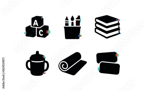 six different glitch effect illustration isolated on white backgorund preschooler building blocks preschooler coloring set preschooler storybook collection preschooler snack container