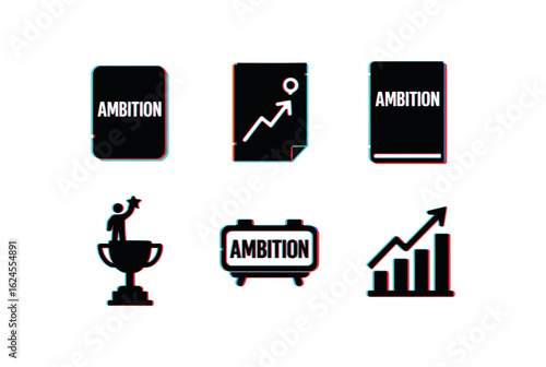 six different glitch effect illustration isolated on white backgorund ambition affirmation cards ambition roadmap poster ambition leadership book ambition trophy figurine ambition desk