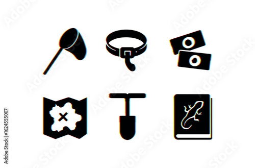 six different glitch effect illustration isolated on white backgorund zoologist insect net zoologist tagging collar zoologist microscope slide set zoologist habitat map zoologist soil