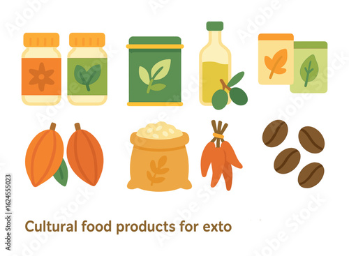 Cultural Export Icons. Flat vector mini-illustrations Cultural food products for export in colors children's