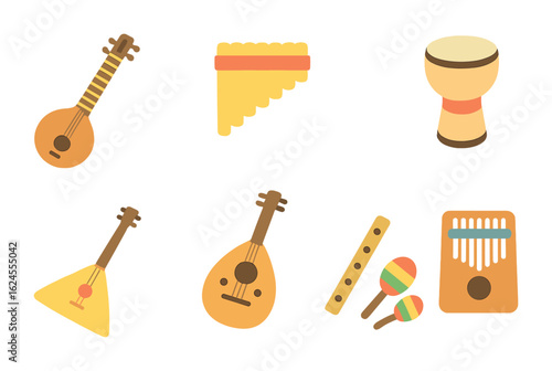 Colorful Musical Instruments. Flat vector mini-illustrations Exporting traditional musical instruments in