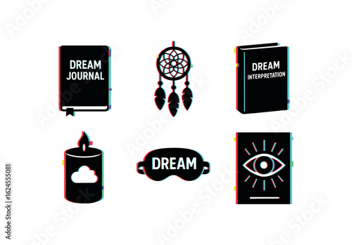 six different glitch effect illustration isolated on white backgorund dream journal notebook dreamcatcher hanging dream interpretation guidebook dream themed candle dream eye mask dream