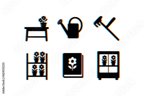 six different glitch effect illustration isolated on white backgorund florist workbench mat florist watering can florist bud unloader florist display stand florist training manual florist