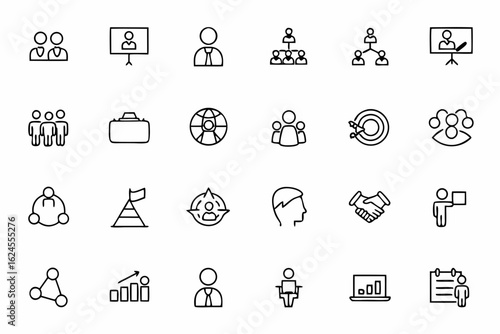 A clean and professional collection of line icons illustrating core aspects of management and leadership. Ideal for corporate presentations, leadership workshops, and team-building materials